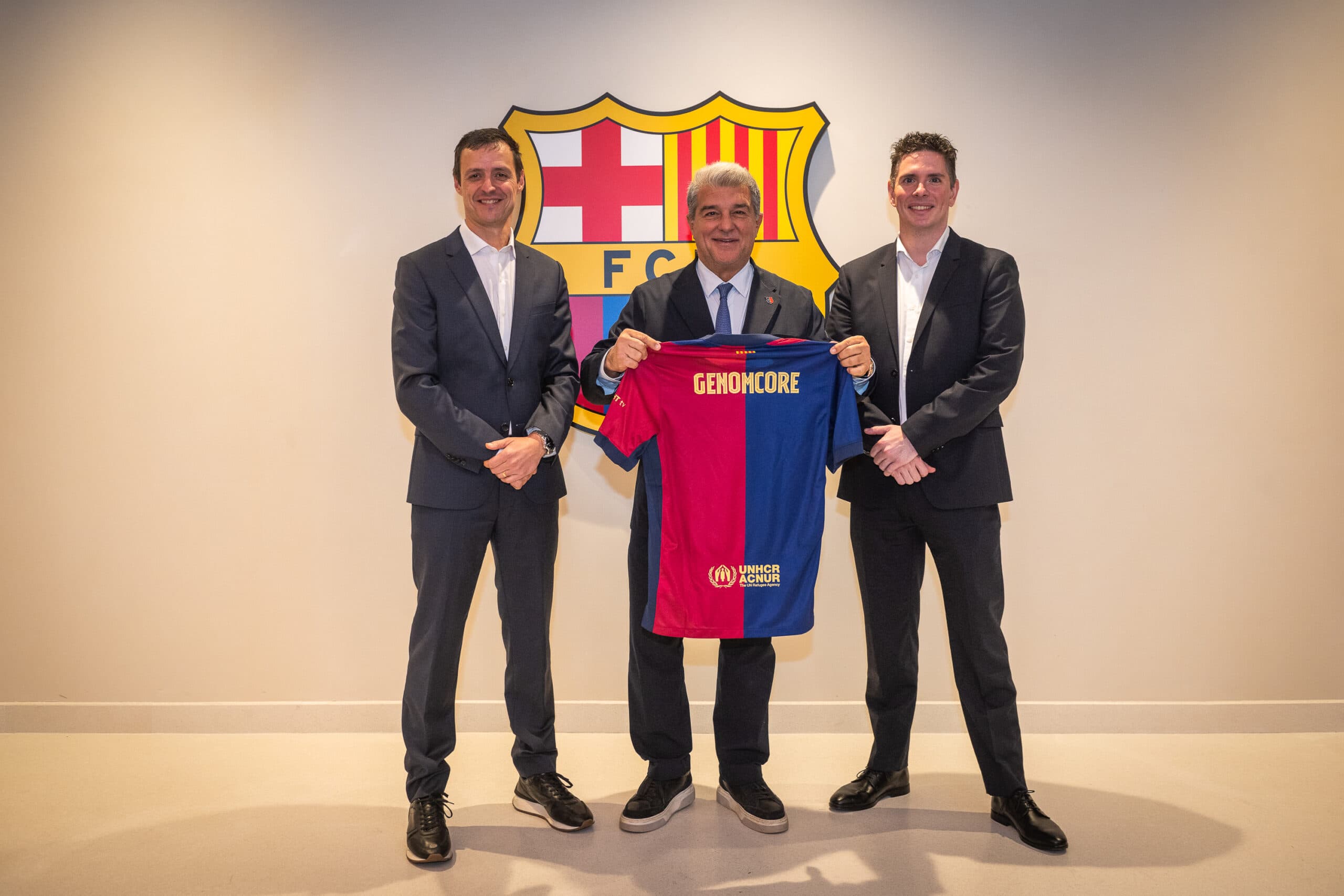 Miquel A. Bru, Joan Laporta and Oscar Flores at the BIHUB and Genomcore partnership announcement